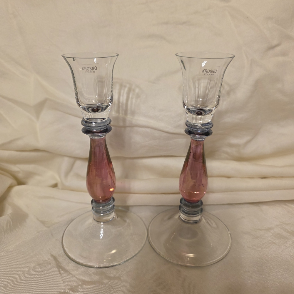 Vintage (70's) Krosno Poland Hand-Blown Art Glass Candle Holders w/ Pink Stems
